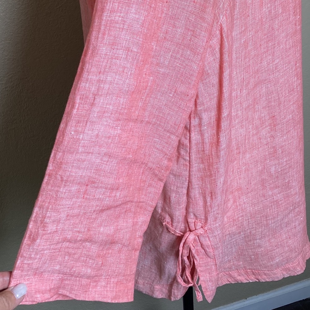 Sigrid Olsen Women's Coral Pink 100% Linen Split Neck Tunic Top, Side Ties Small - Picture 3 of 7
